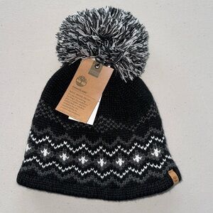 DELETING NWT Timberland Black Gray White Knit Pom Beanie Hat
